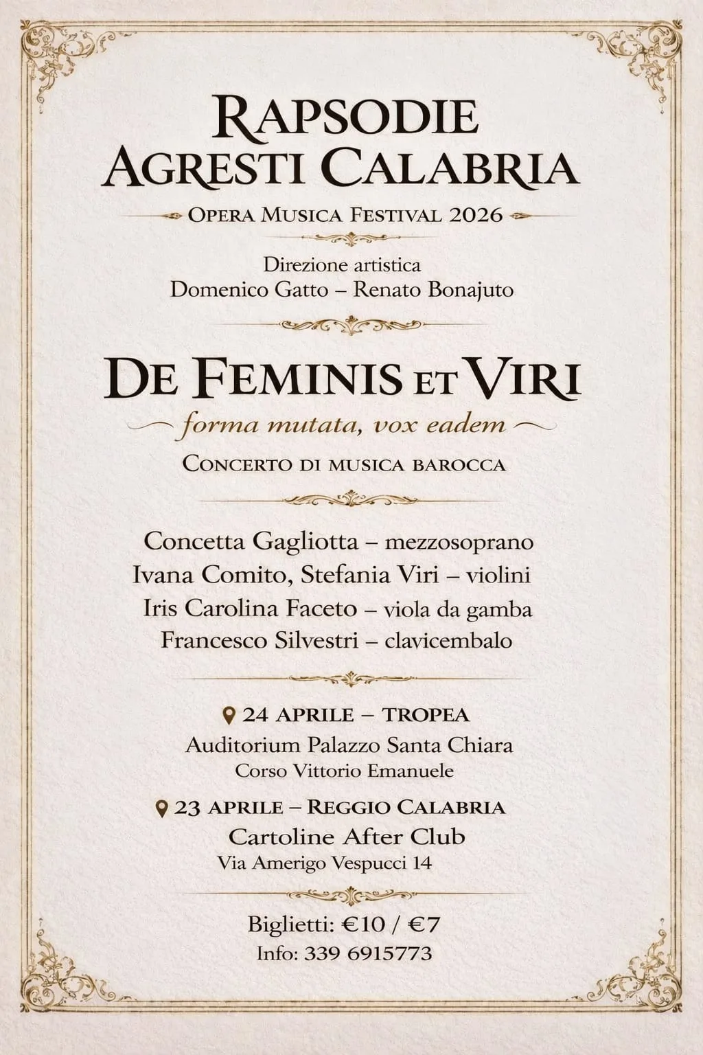 Locandina del concerto «De feminis et viri» — aprile 2026, Reggio Calabria e Tropea