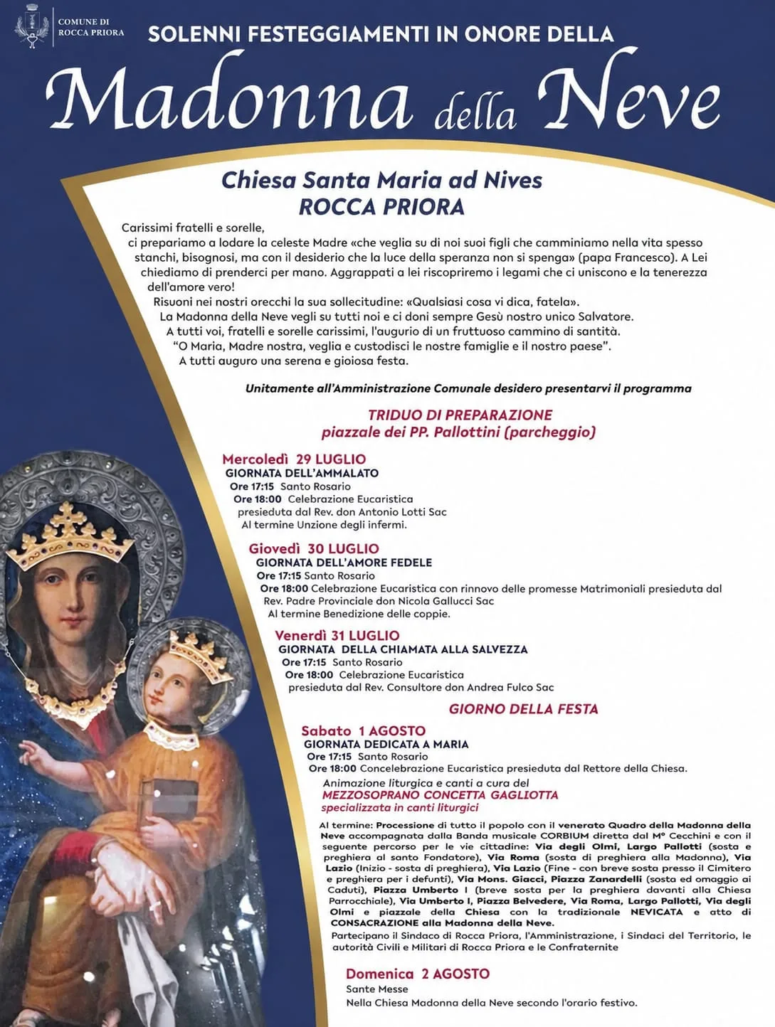 Locandina dei solenni festeggiamenti in onore della Madonna della Neve — agosto 2026, Rocca Priora